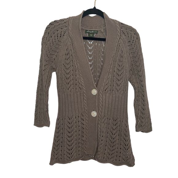 Eddie Bauer Neutral Beige Mushroom Goblin Boho Cottage Minimalist Cardigan sz M - Picture 1 of 8
